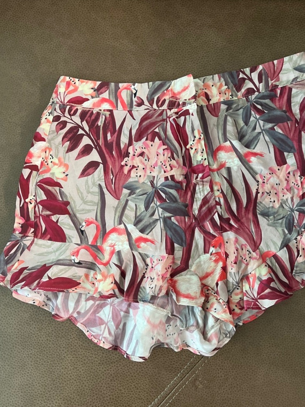 NWT Zara pink tropical flamingo print ruffle summer viscose shorts sz S Small